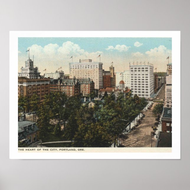 Póster Portland OR, Panorama Downtown 1920s Estilo de épo (Frente)