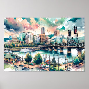 Póster Portland Oregon USA Travel Places acuarela