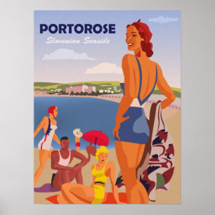 Póster Portorose, chicas en la playa, viaje vintage