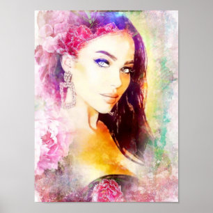 Póster Portrait aquarelle femme fleur