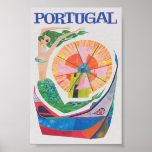 Póster Portugal, Sirenita, Viajes Retro Coloridos