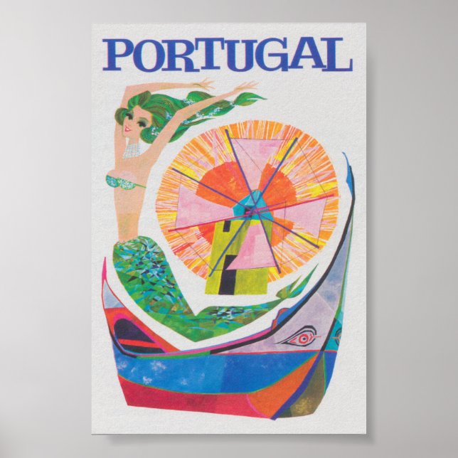 Póster Portugal, Sirenita, Viajes Retro Coloridos (Frente)