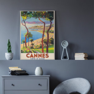 Póster Posador de viajes Cannes-Francés Riviera Vintage