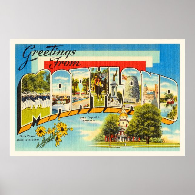 Póster Poscarta de viaje antigua de Maryland State MD (Frente)