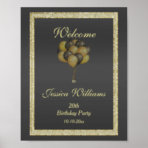 Póster Posh Gold & Black, Glitter & Balloons Birthday