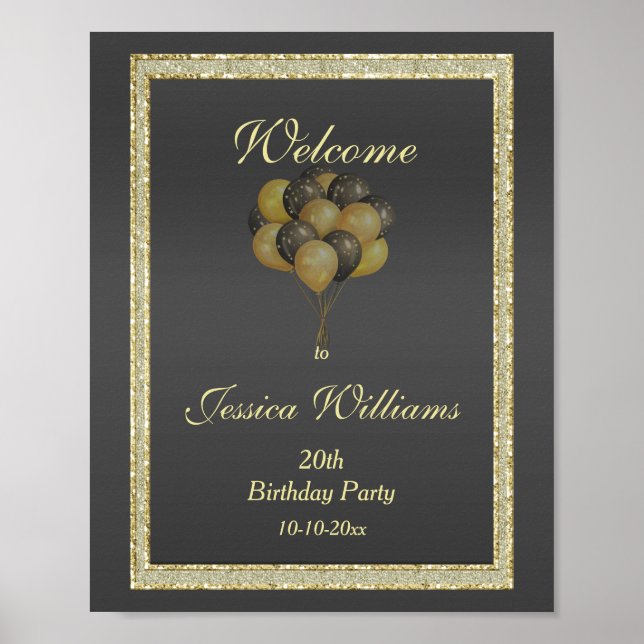 Póster Posh Gold & Black, Glitter & Balloons Birthday (Frente)