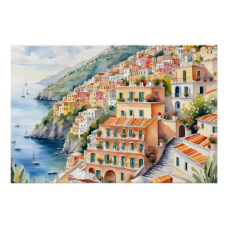 Póster Positano: Acuarela Encanta la Costa Amalfitana de