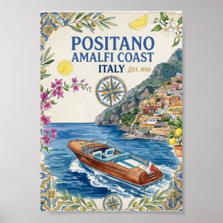 Póster Positano Amalfi Coast Italy Vintage Travel Poster