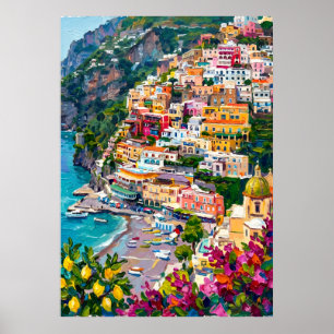 Póster Positano Costa de Amalfi Colorida Costa Italiana H