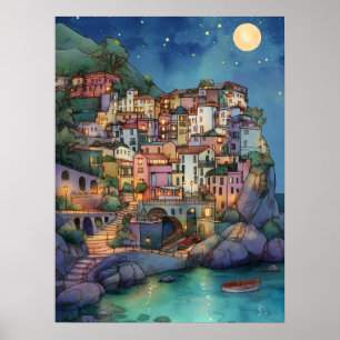 Póster Positano, Italia - Aldea costera y cielo estrellad
