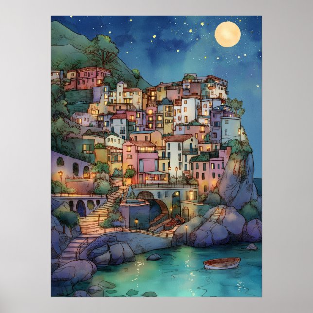 Póster Positano, Italia - Aldea costera y cielo estrellad (Frente)