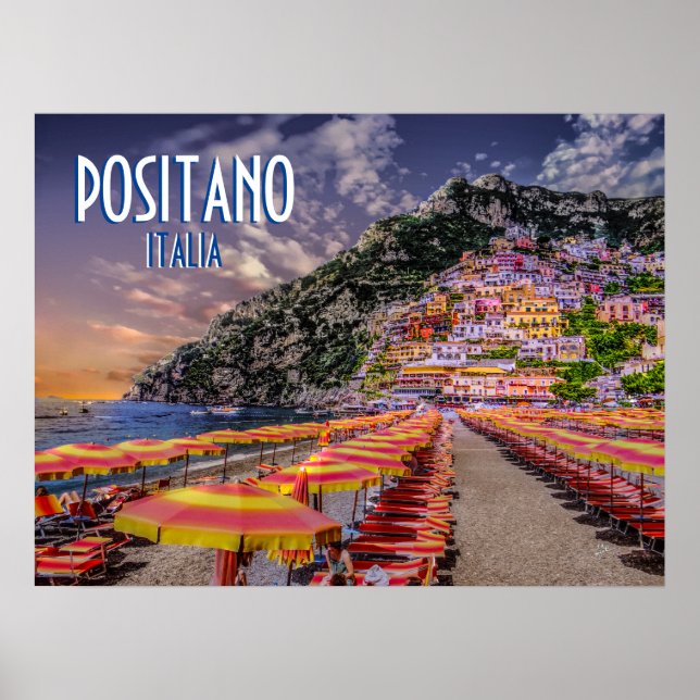 Póster Positano Italia Costa Amalfitana Viaje al atardece (Frente)