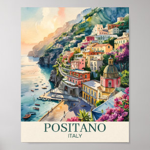Póster Positano Italia Costa de Amalfi Paisaje Acuarela