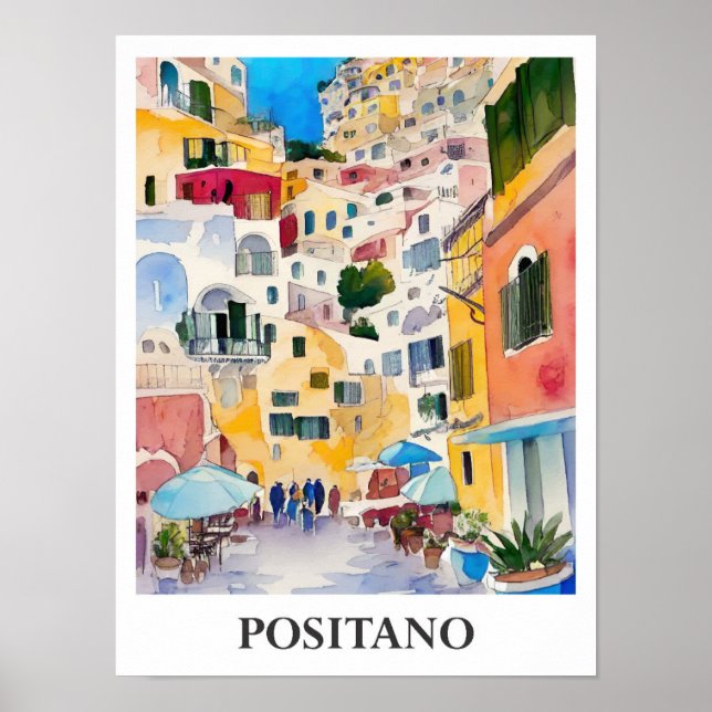 Póster Positano Italia: Viaje a acuarela (Frente)