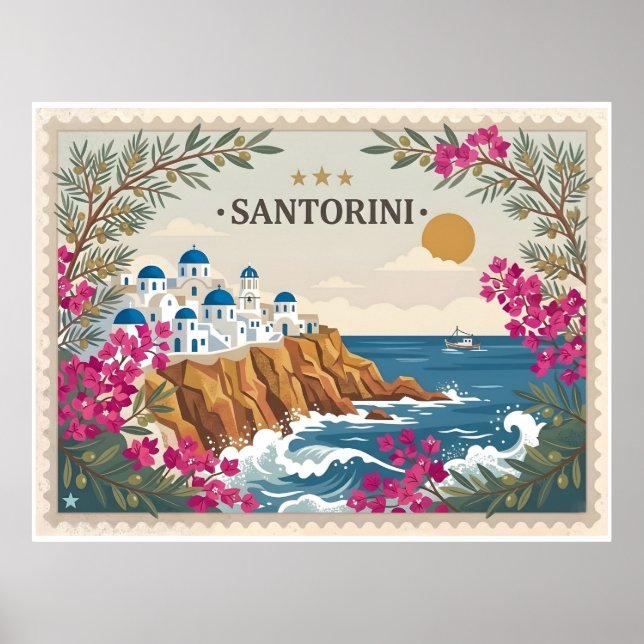 Póster Postal Antigua de Viaje a Santorini Grecia (Frente)