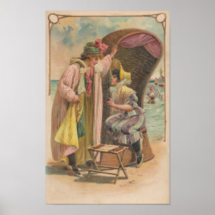 Póster Postal de 1909. Vacaciones en la playa. Estilo de 