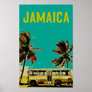 Póster postal de Jamaica, bus y palmeras