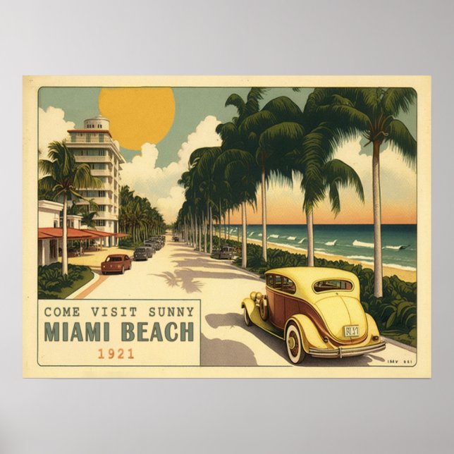Póster Postal de Miami Beach Ocean Drive retro de los año (Frente)