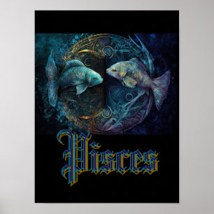 Póster Postal de Rótulo de Pisces Zodiac