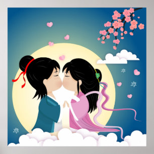 Póster Postal del botón Chica Tanabata Cowherd y Weaver