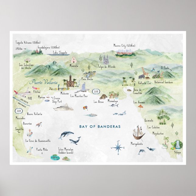 Póster Postales de viaje de acuarela | Puerto Vallarta (Frente)