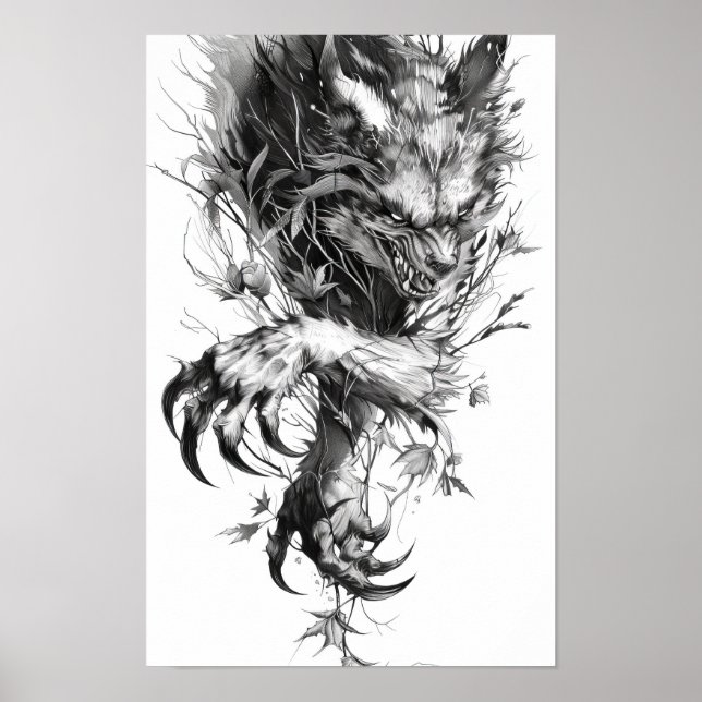 Póster Poste de dibujo de monstruo animal oscuro y temibl (Frente)