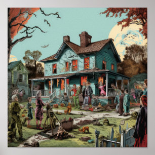 Póster Poste de la casa embrujada estilo historieta de lo