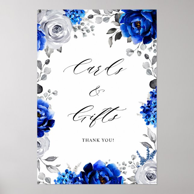 Póster Poste de las tarjetas florales Royal Blue White Si (Frente)