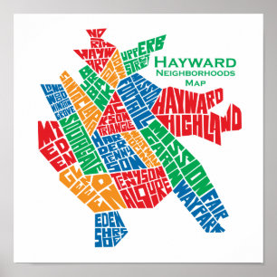 Póster Poster 12x12 del mapa de las vecindades de Hayward