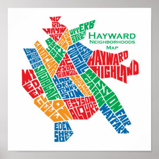Póster Poster 12x12 del mapa de las vecindades de Hayward