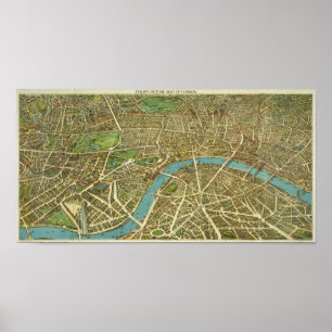 Póster Poster 1908 del mapa del vintage de Londres