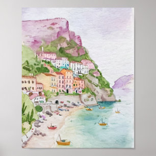 Póster Poster acuático de la costa de Amalfi