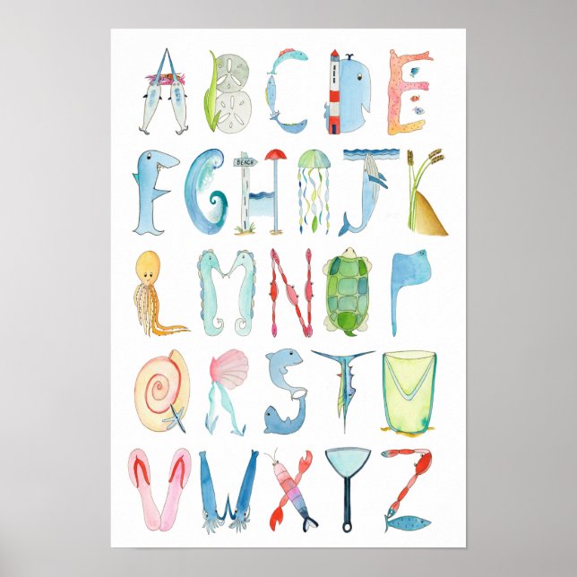 Póster Poster alfabético de animales oceánicos - 13 x 19  (Frente)