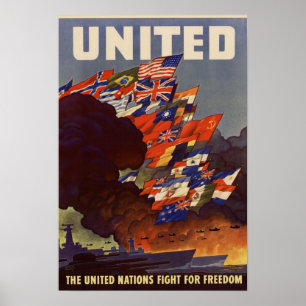 Póster Poster aliado de las banderas de la Segunda Guerra