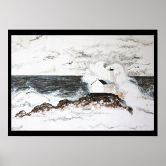 Póster Poster aquarelle phare tempête Bretagne île