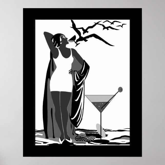 Póster Poster ART DECO LADY Black White Martini (Frente)