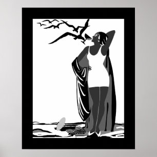 Póster Poster ART DECO LADY Pájaros blancos negros