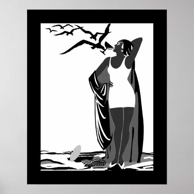 Póster Poster ART DECO LADY Pájaros blancos negros (Frente)