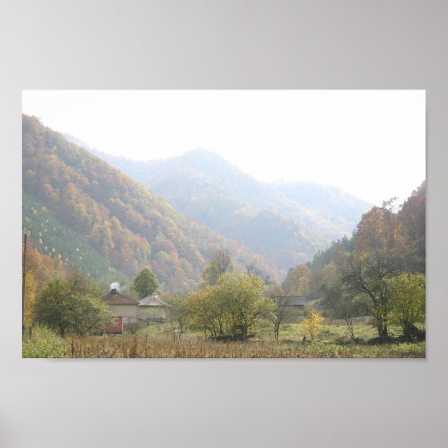 Póster Poster Autumn Day Village Mountain Photo (Frente)