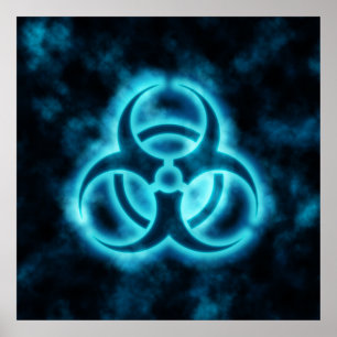 Póster Poster Azul-Blanco del símbolo del Biohazard del