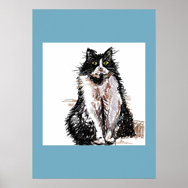 Póster Poster azul de gatos negros gatos tuxedo blanco (Frente)