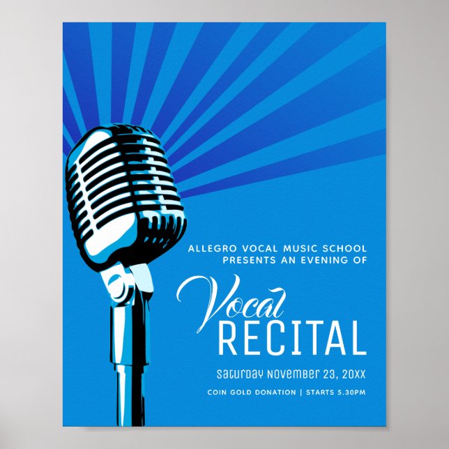 Póster Poster azul de música de micrófono clásico recital (Frente)
