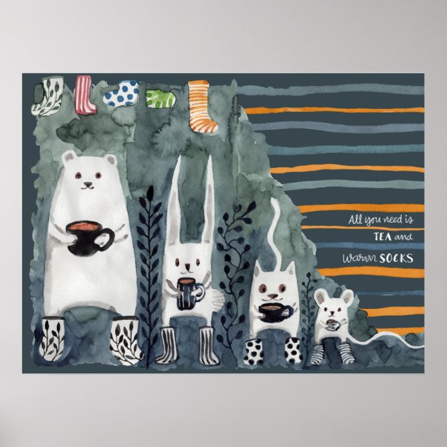 Póster Poster azul de té y calcetines cálidos (Frente)