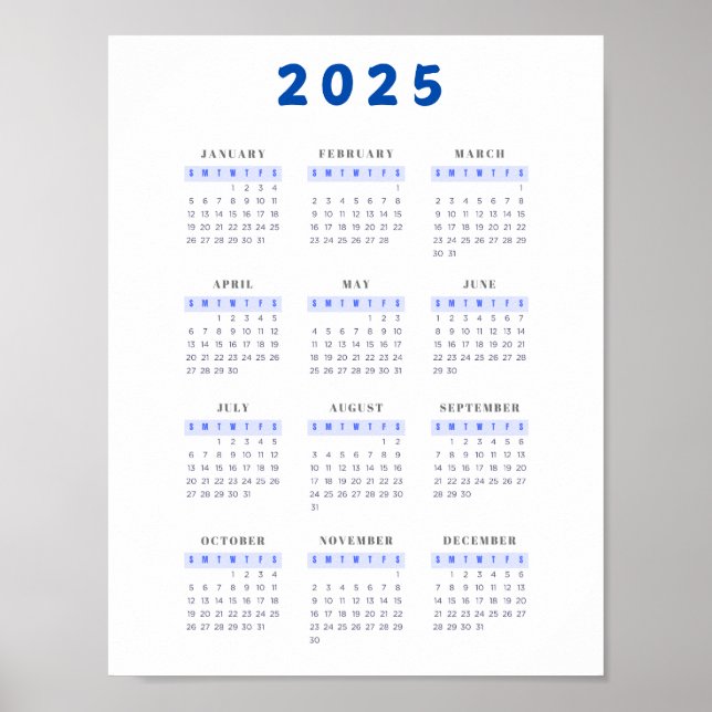 Póster Poster azul del Calendario de Pared 2025 minimalis (Frente)