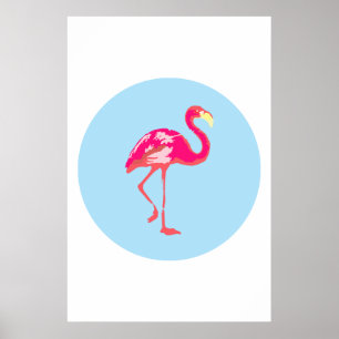 Póster Poster azul flamenco, flamingo rosa, verano