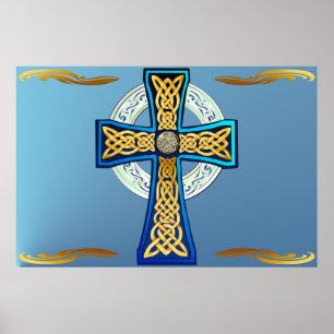 Póster Poster azul grande de la cruz céltica
