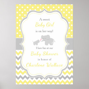 Póster Poster Baby Shower amarillo elefante y gris