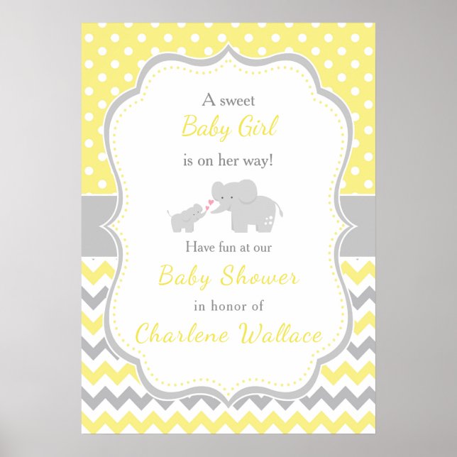 Póster Poster Baby Shower amarillo elefante y gris (Frente)
