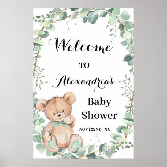Póster Poster Baby Shower de bienvenida Bear Greenery Gol (Frente)