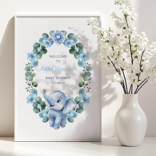 Póster Poster Baby Shower de Elefante Azul - Flor acuarel